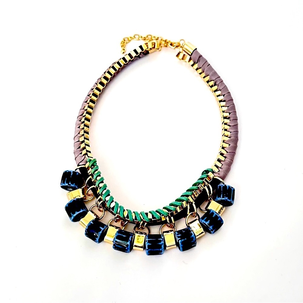 LOFT Modern Woven Gold Tone Statement Necklace w Blue Beads | NWT